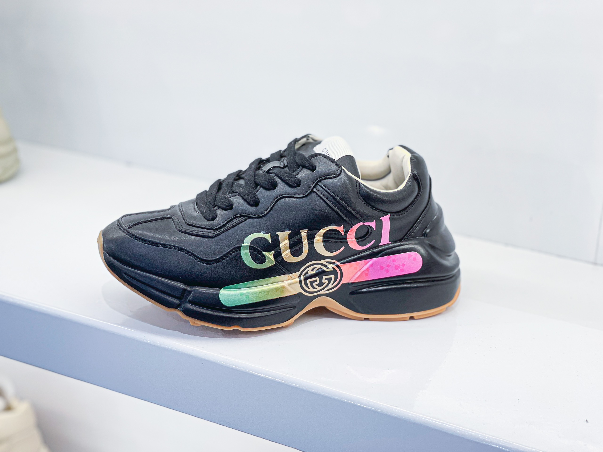 Gucci Rhyton Metallic Logo-print Leather Sneakers In Black (Rep 1:1)